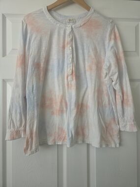 Style & Co. Women's White Long Sleeve Henley Top with Pink & Light Blue Tie-Dye